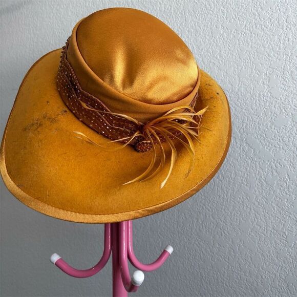 Mikano Vintage Wool Felt Hat Brown Feather Detail Unisex Size 6 7/8 - Picture 3 of 8